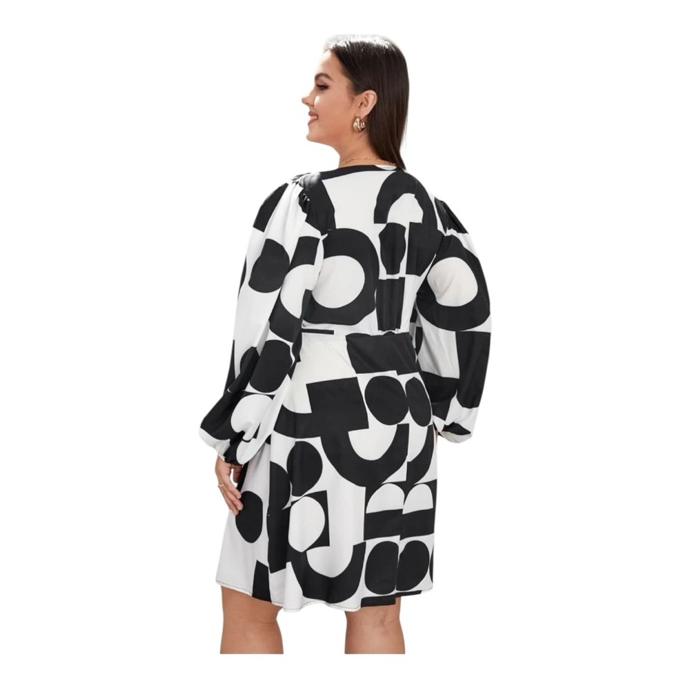 Plunging Neck Lantern Sleeve Graphic Print A-Line Dress, P:25”, L:38.5” - Picture 5 of 13